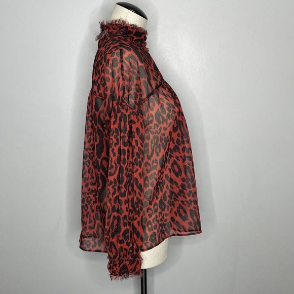 Zara Sheer Top Womens Small Red Black Animal Print Blouse Mock Neck Flowy - Picture 4 of 7